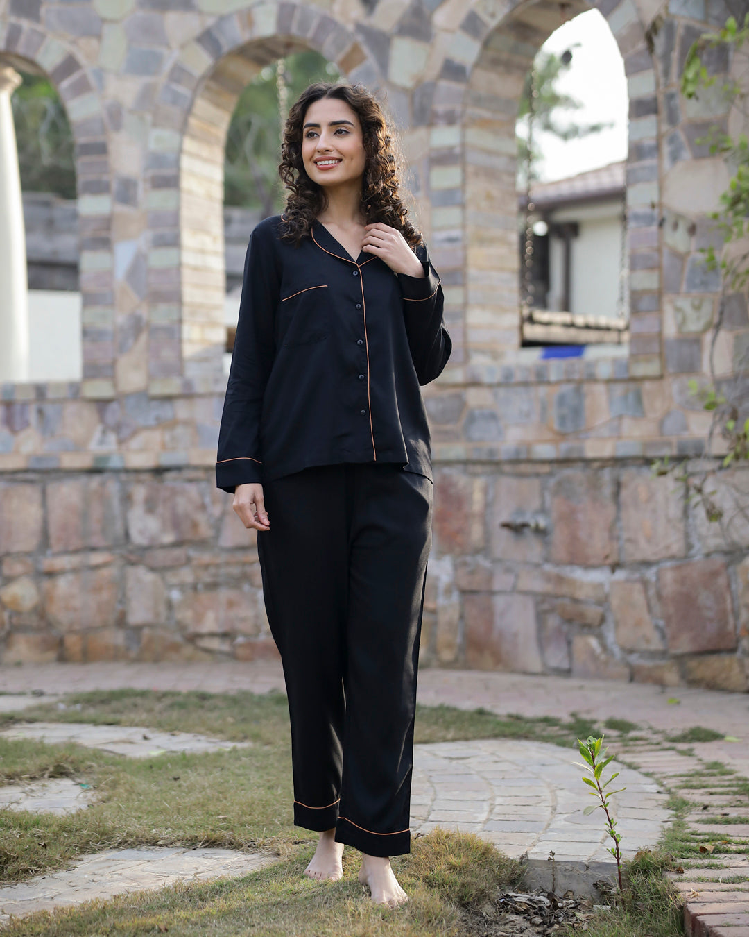 Collared Black Night Suit Set 3 Piece