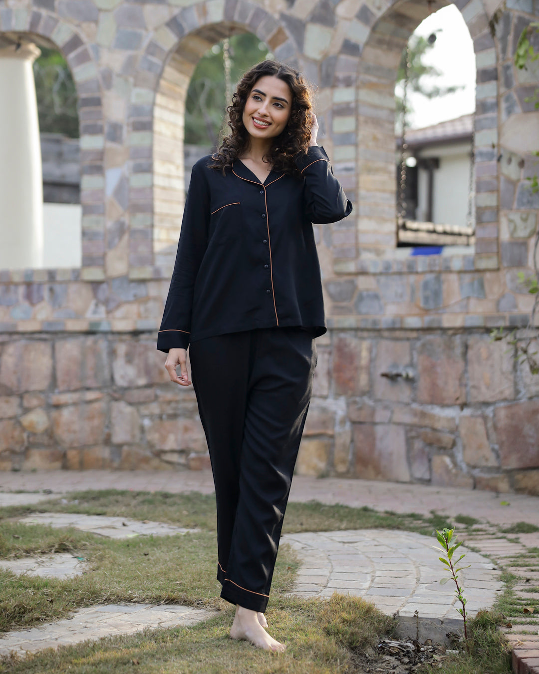 Collared Black Night Suit Set 3 Piece