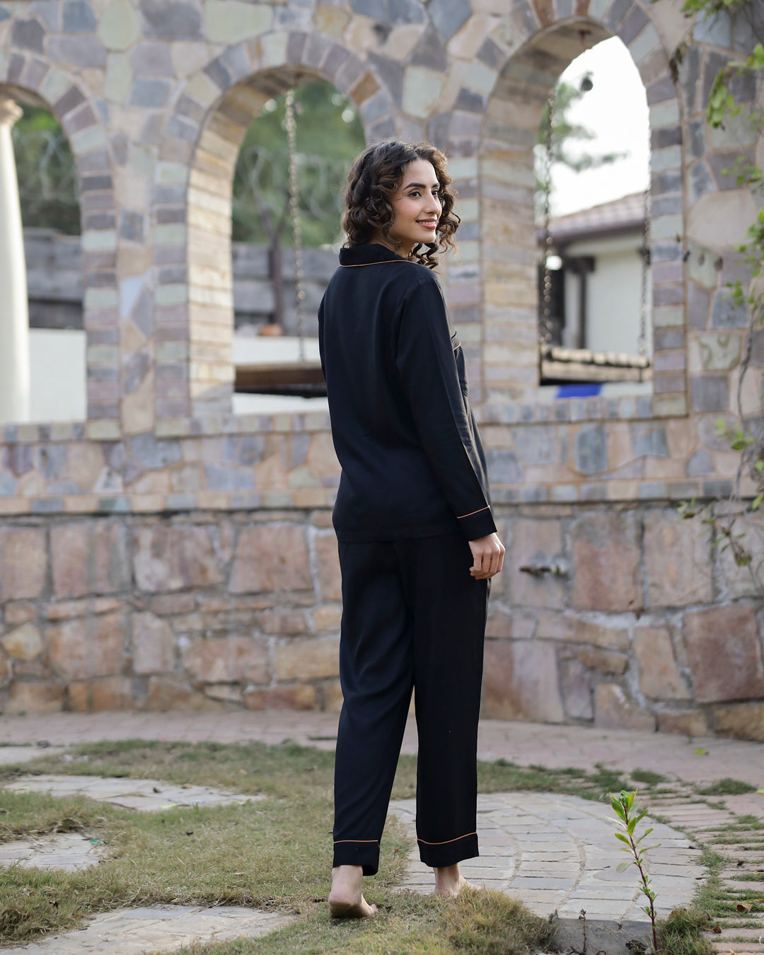 Collared Black Night Suit Set 3 Piece