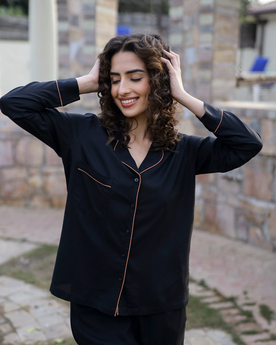 Collared Black Night Suit Set 3 Piece