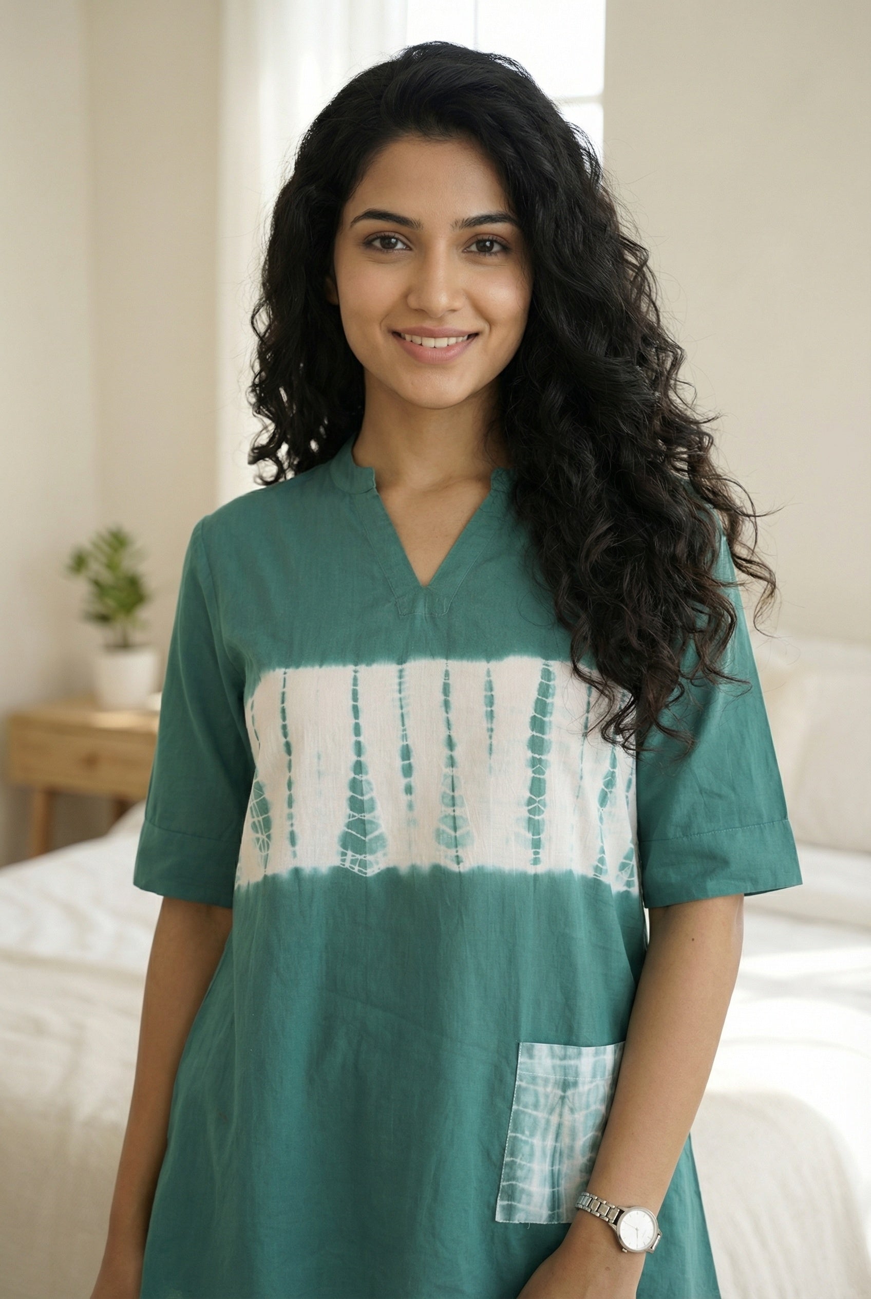 Green Tie and Die V-Neck Pure Cotton Night Suit For Women