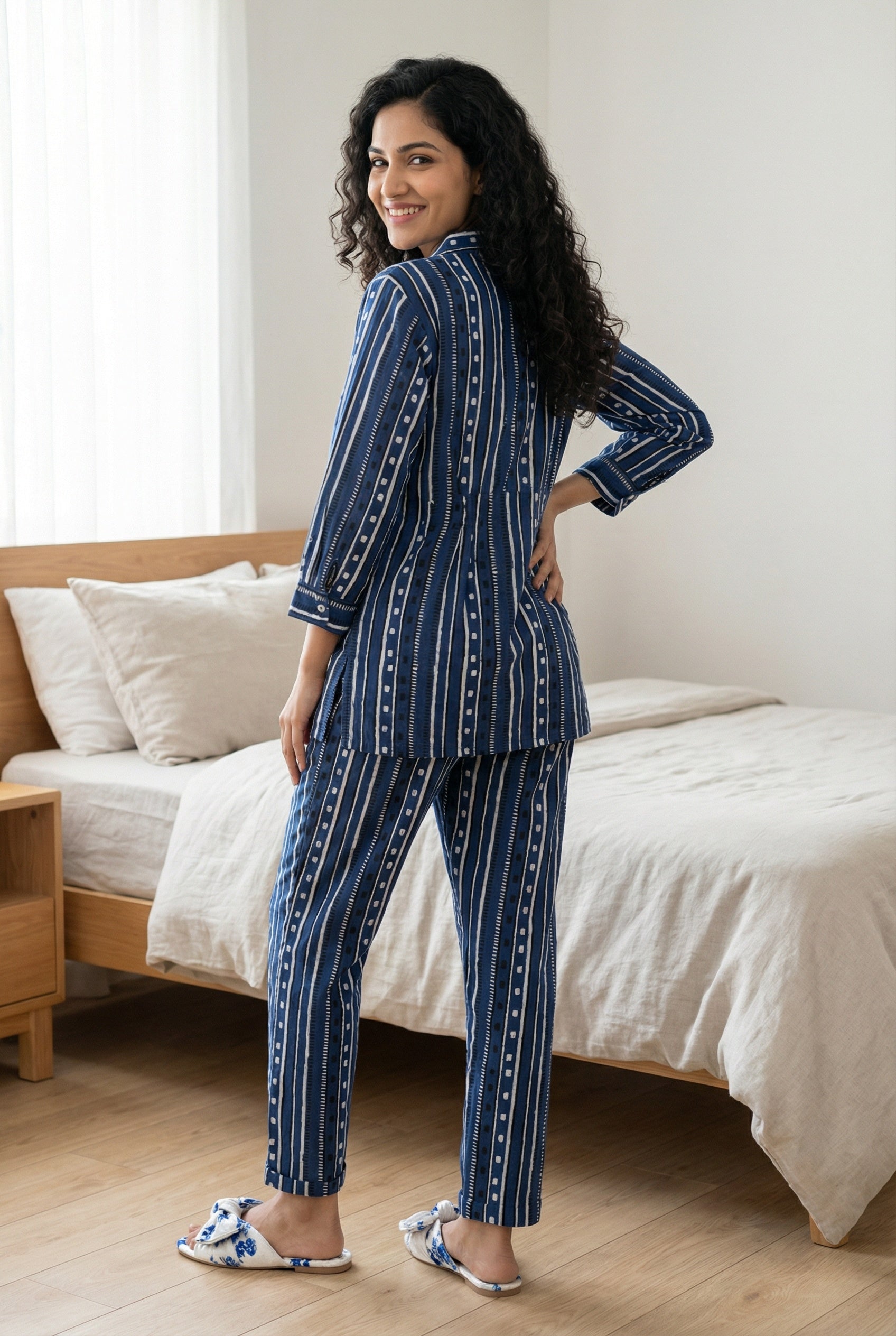 Navy Blue Striped Print Shirt Collar Pure Cotton Night Suit For Women