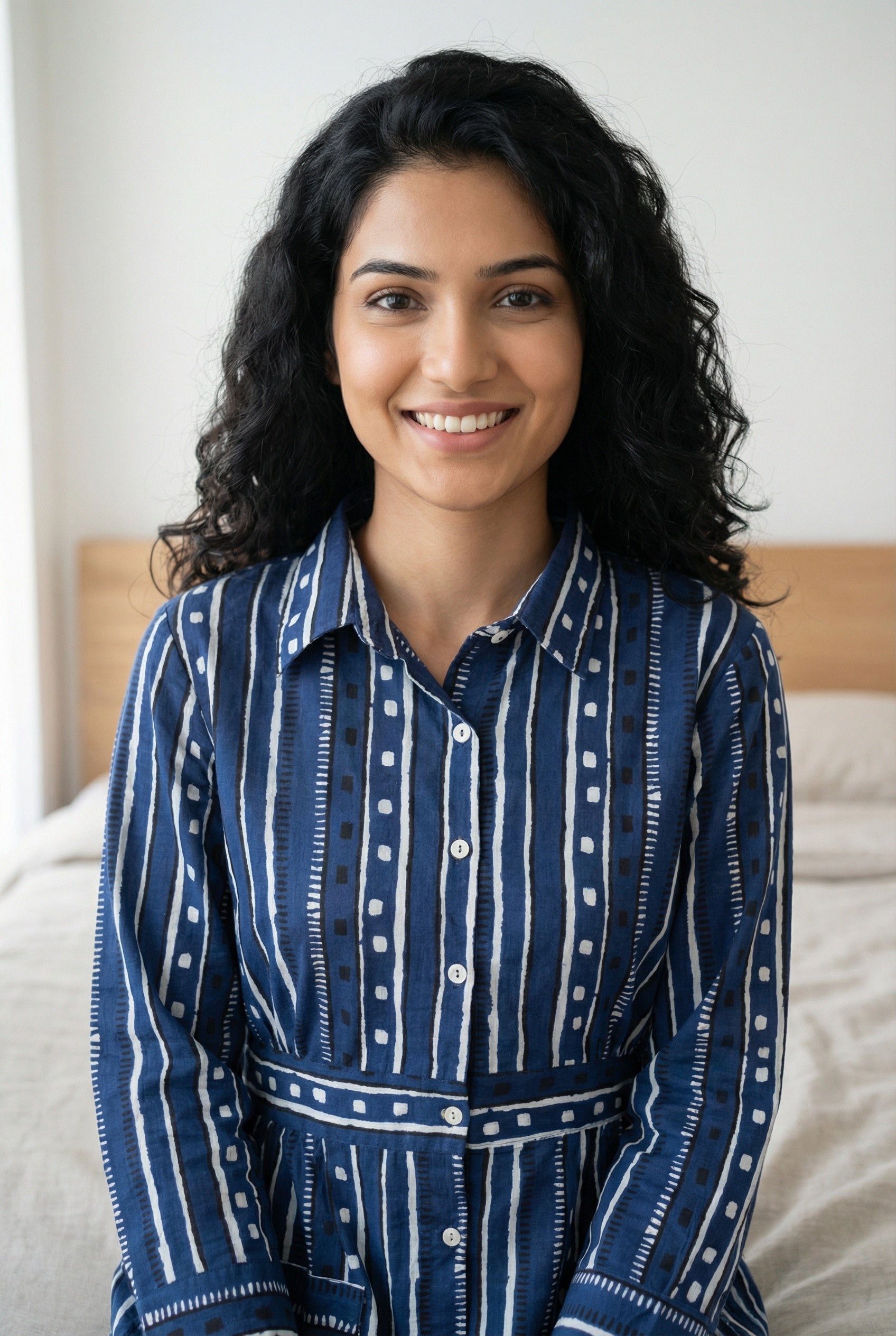 Navy Blue Striped Print Shirt Collar Pure Cotton Night Suit For Women