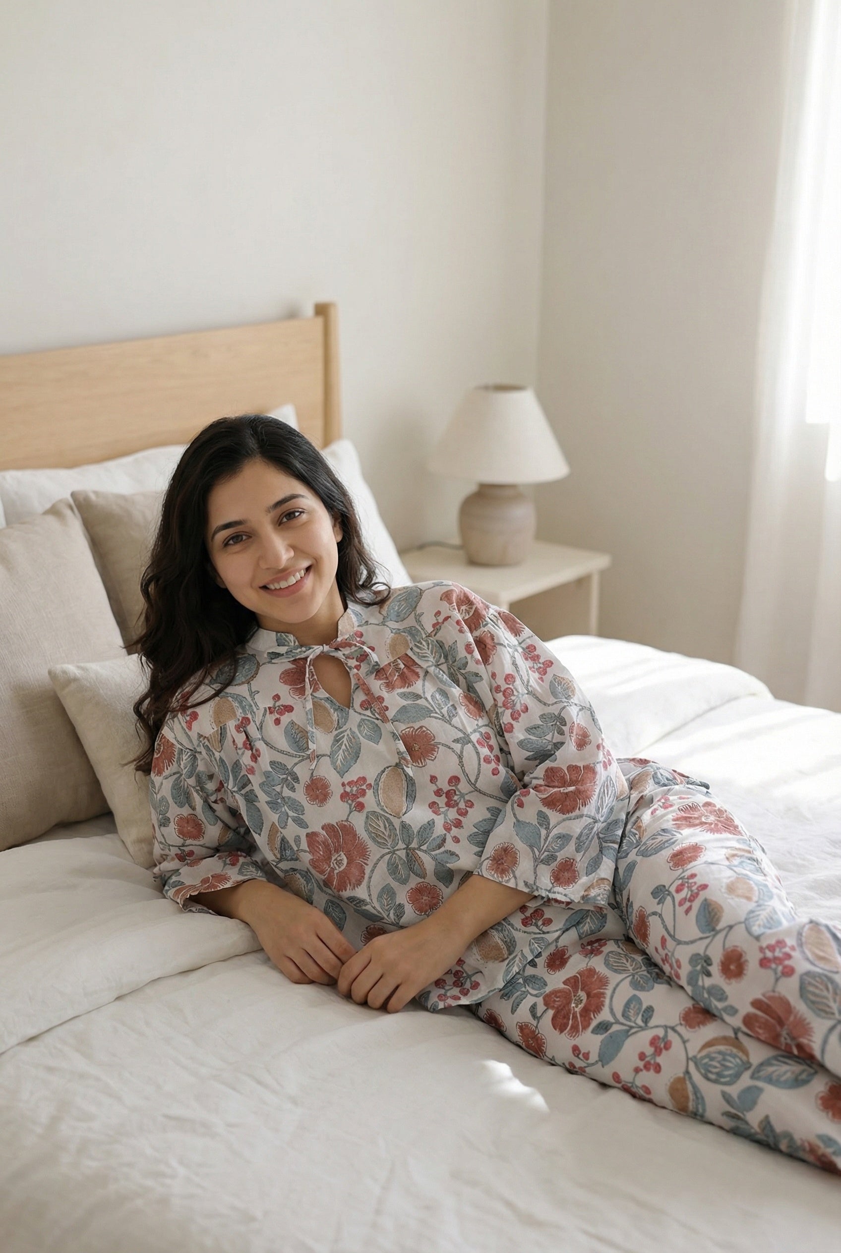 White Floral Print Round Neck Pure Cotton Night Suit For Women