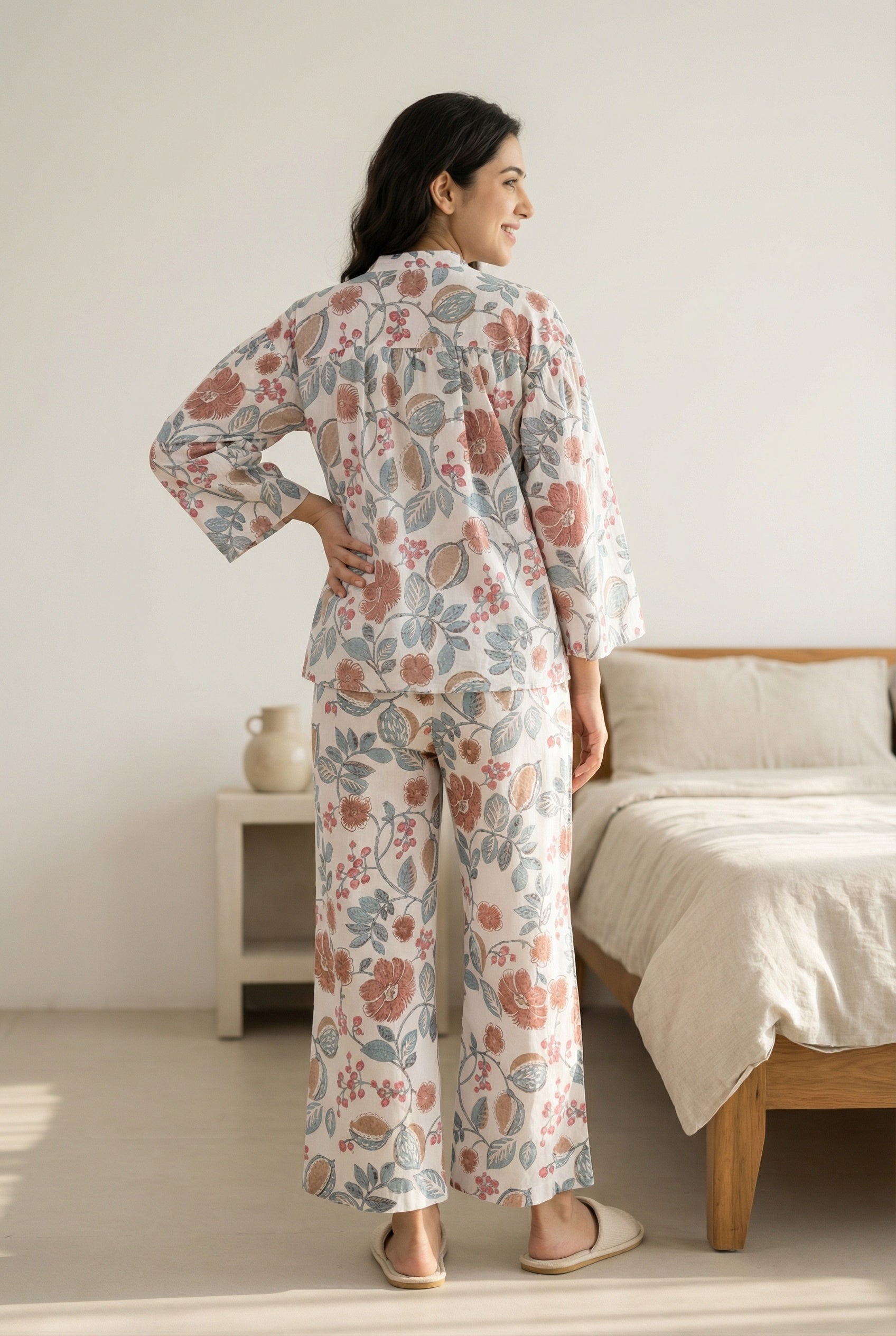 White Floral Print Round Neck Pure Cotton Night Suit For Women