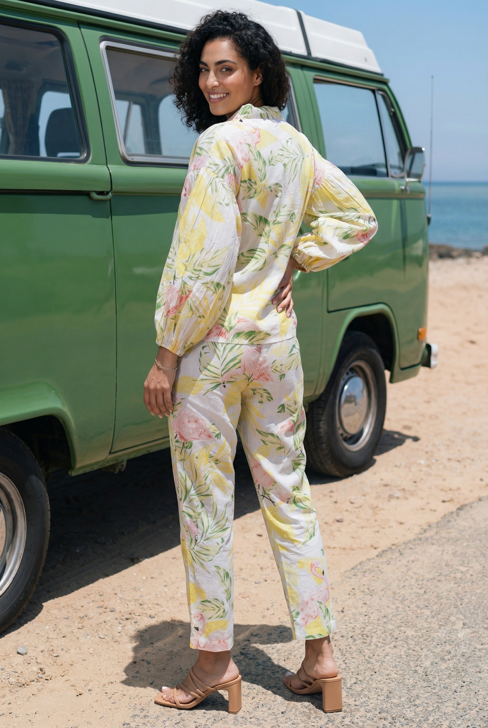 Yellow Floral Print Shirt Collar Pure Cotton Night Suit For Women
