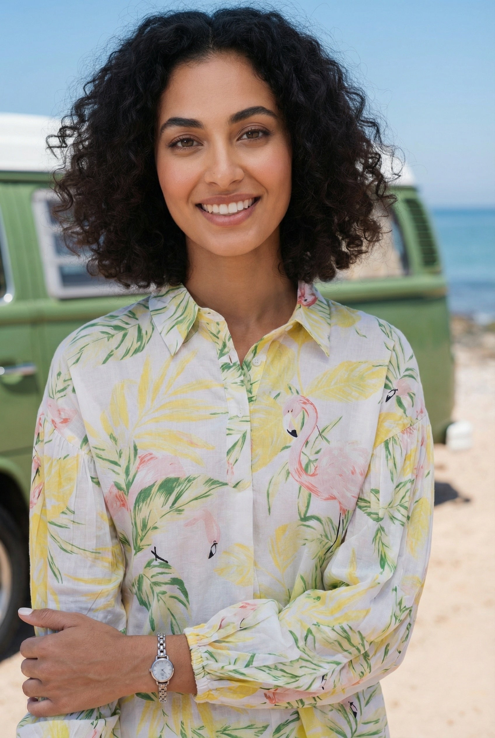 Yellow Floral Print Shirt Collar Pure Cotton Night Suit For Women