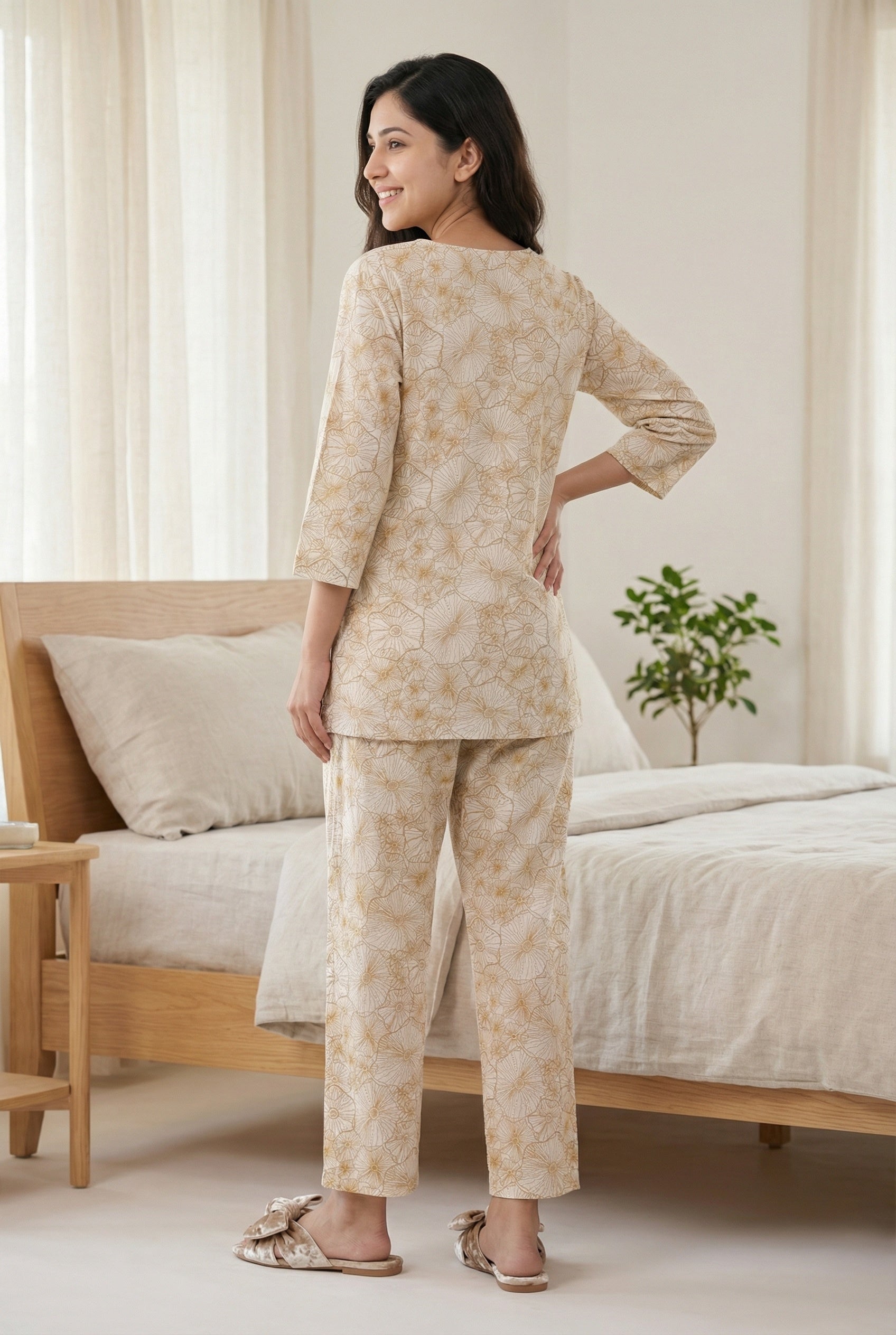 Brown Notch Neck Floral Print Pure Cotton Night Suit For Women