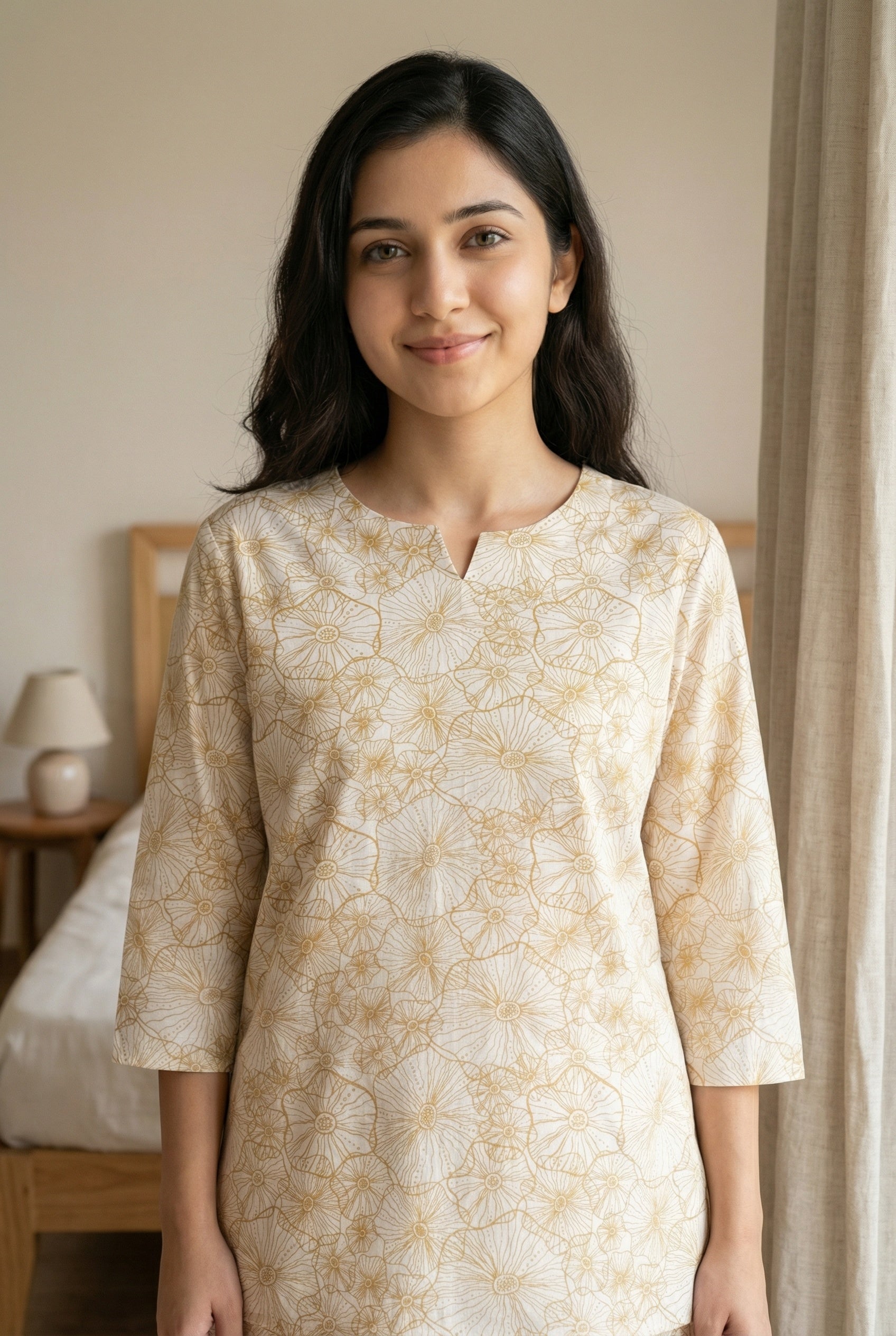 Brown Notch Neck Floral Print Pure Cotton Night Suit For Women