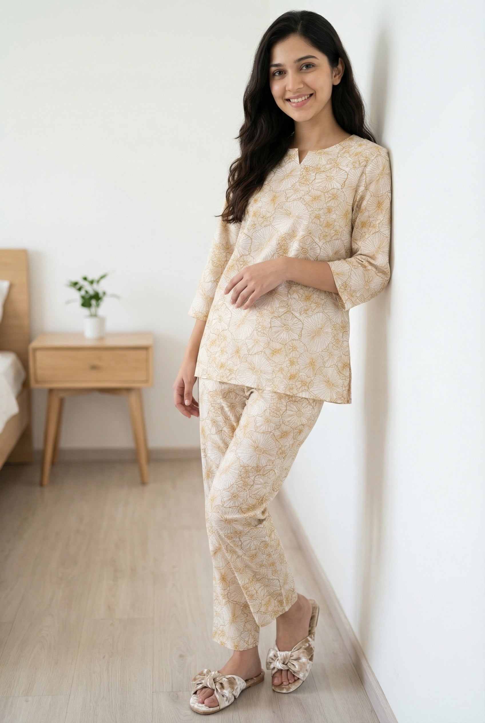 Brown Notch Neck Floral Print Pure Cotton Night Suit For Women