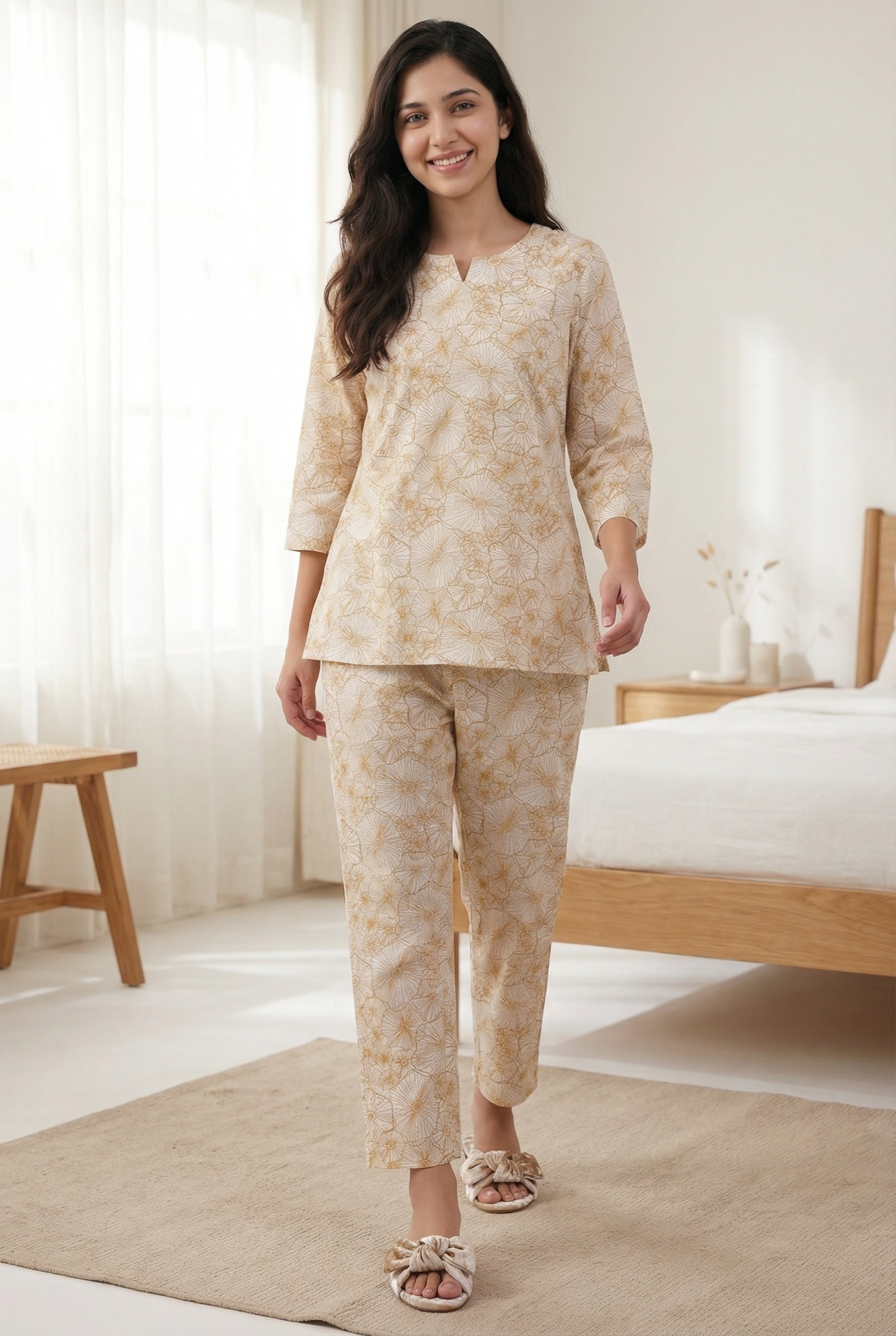Brown Notch Neck Floral Print Pure Cotton Night Suit For Women