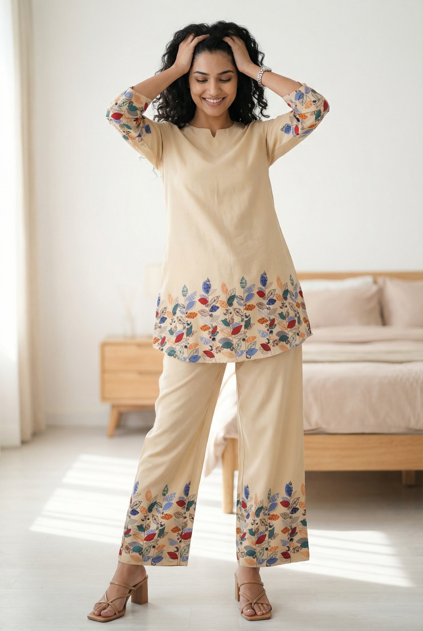 Off White Leaf Print Round Neck Pure Cotton Night Suit For Women