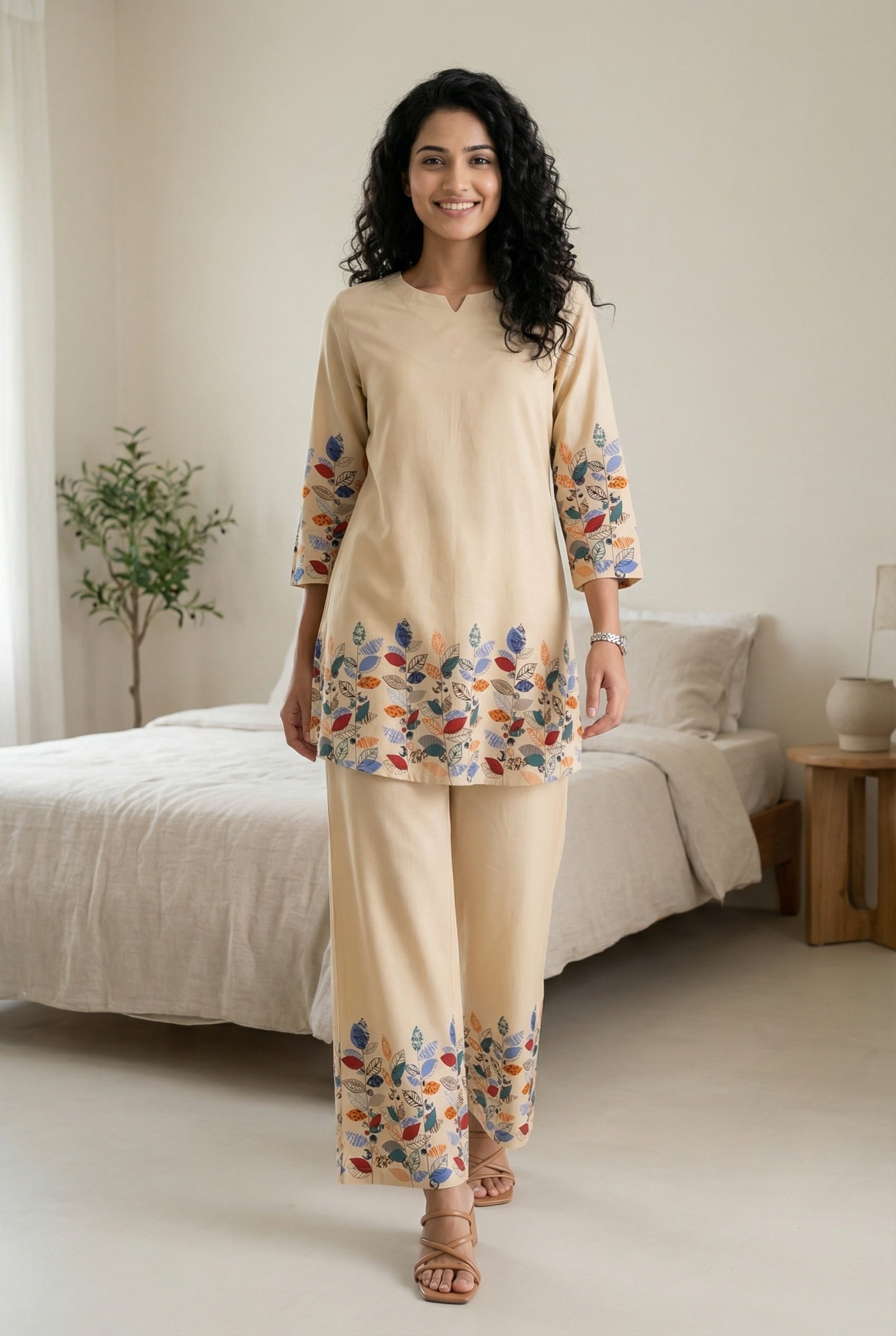 Off White Leaf Print Round Neck Pure Cotton Night Suit For Women
