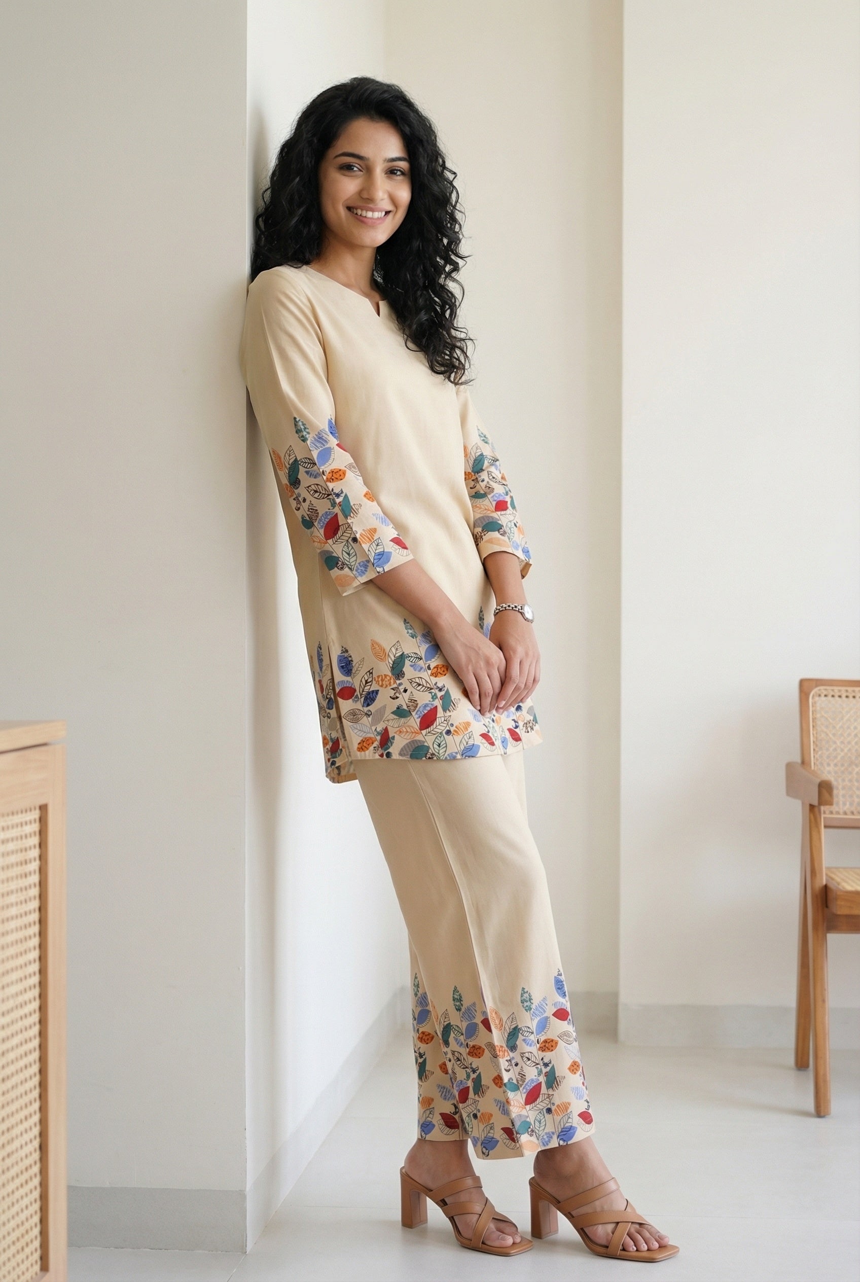 Off White Leaf Print Round Neck Pure Cotton Night Suit For Women
