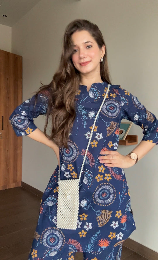 Women Blue Cotton Printed Night Suit Set