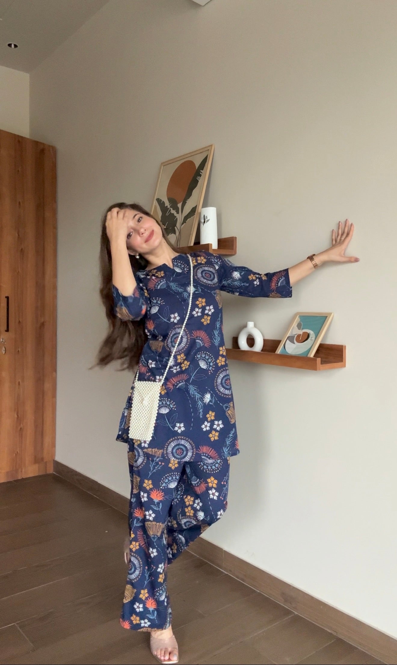 Women Blue Cotton Printed Night Suit Set