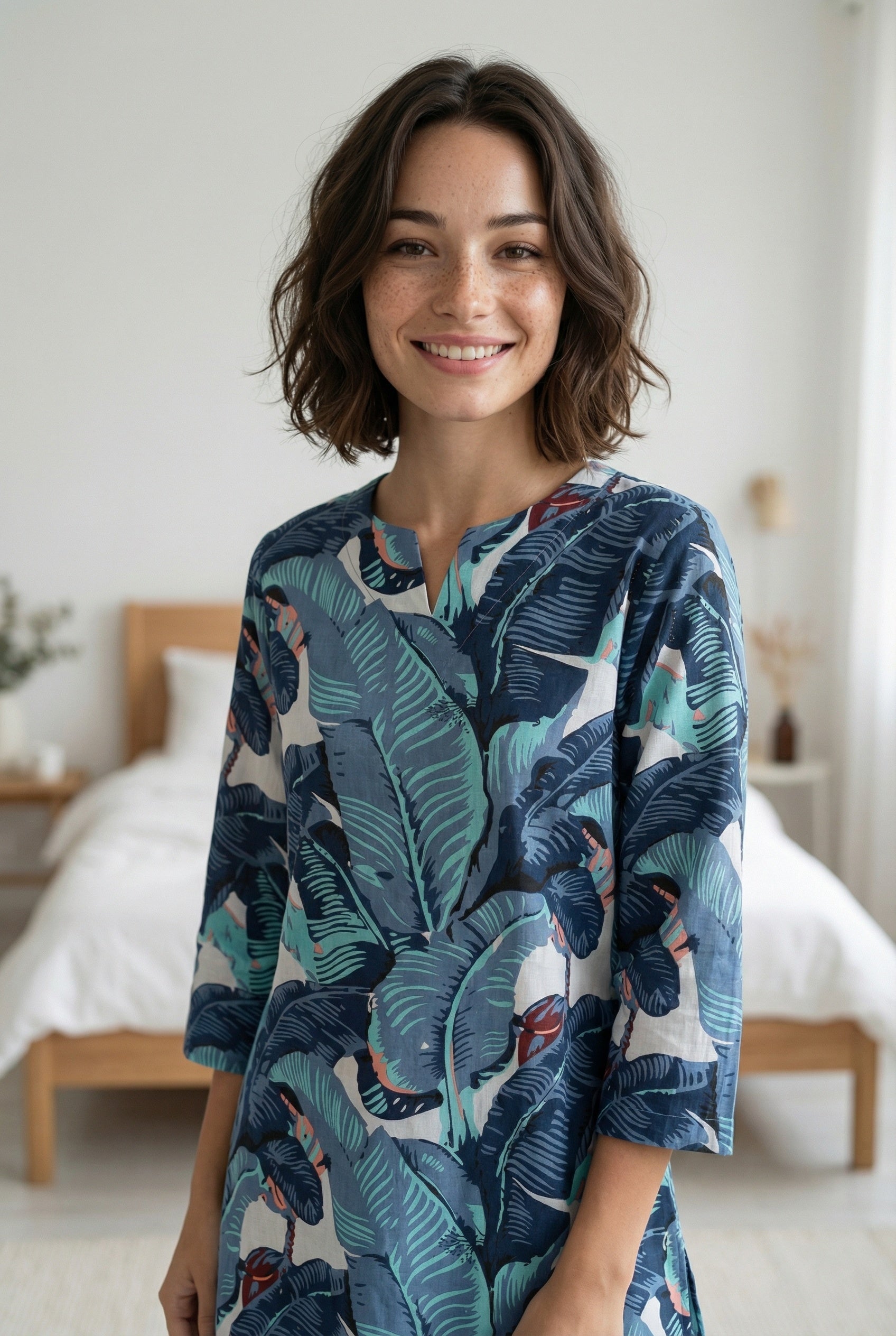 Blue Tropical Print Round Neck Pure Cotton Night Suit For Women