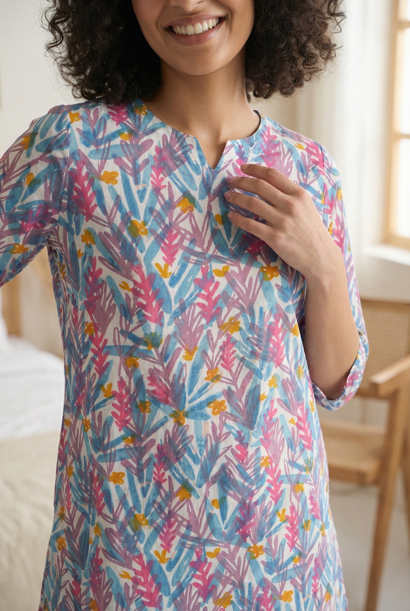 Blue Tropical Print Round Neck Cotton Night Suit For Women