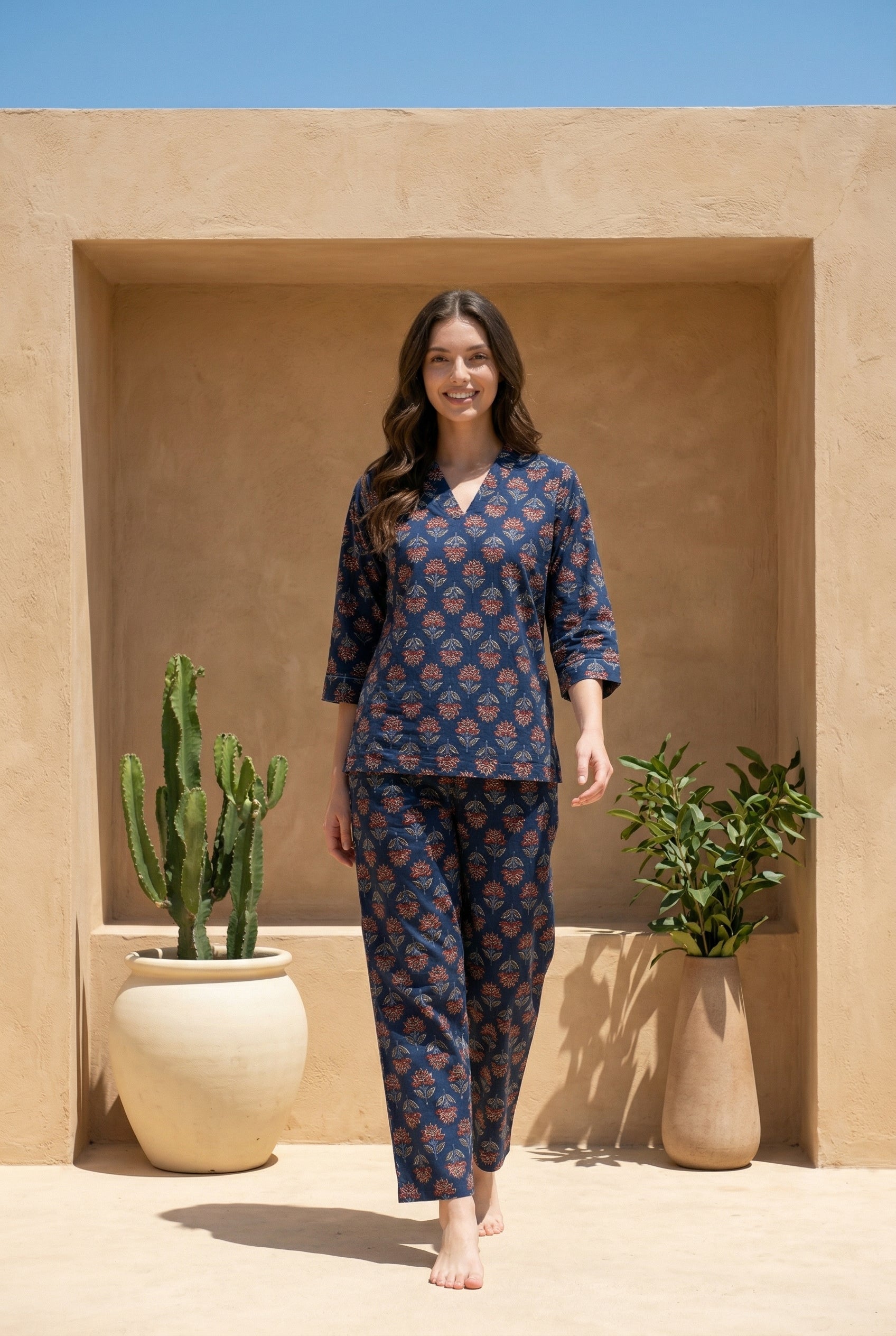 Blue V-Neck Ethnic Motif Pure Cotton Night Suit For Women