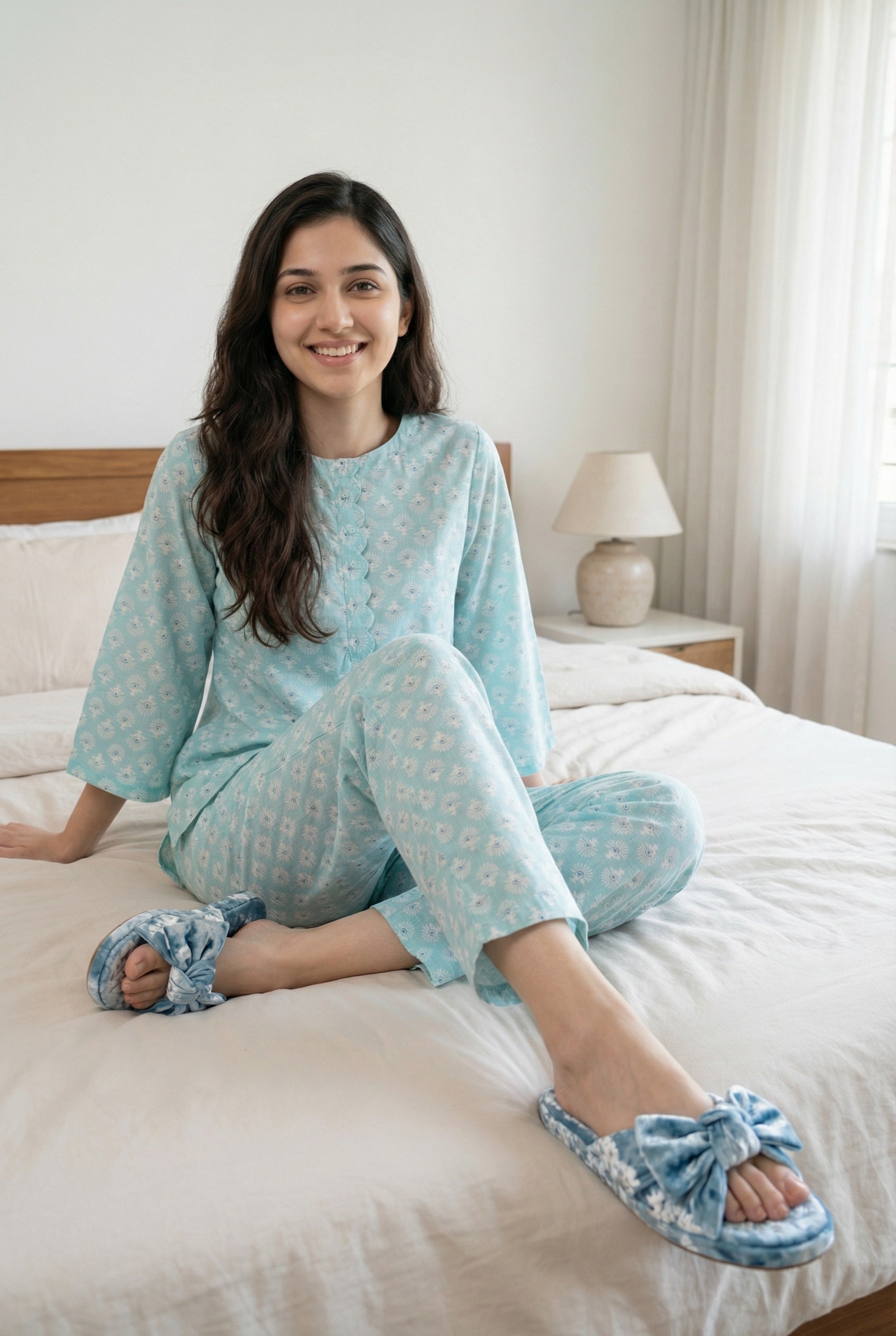 Blue Floral Print Round Neck Pure Cotton Night Suit For Women