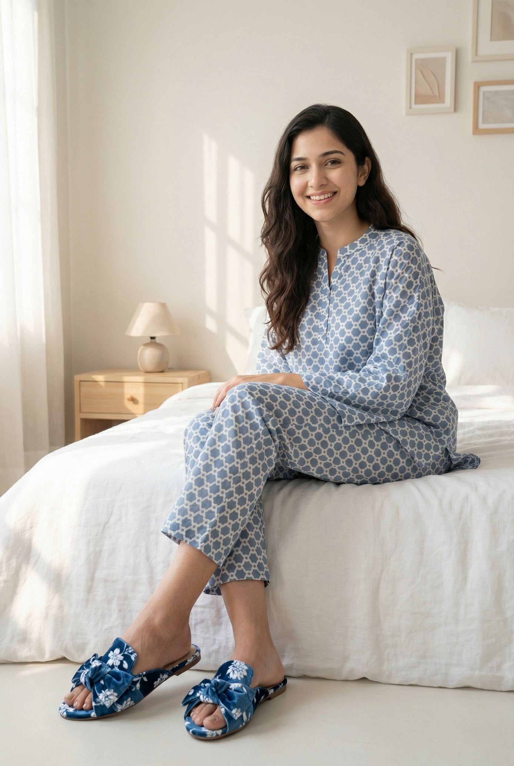 Grey Geometric Print Mandarin Collar Pure Cotton Night Suit For Women