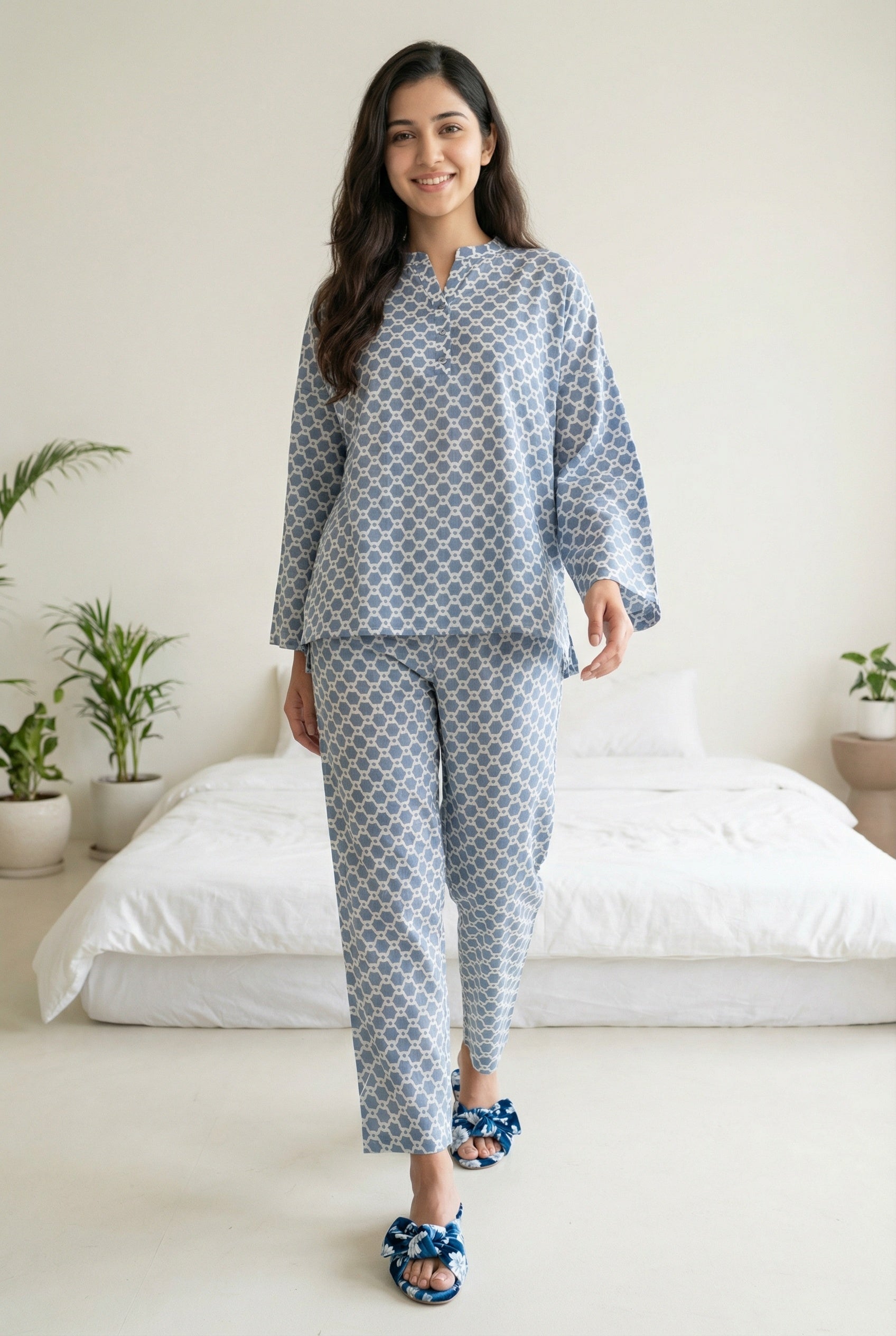 Grey Geometric Print Mandarin Collar Pure Cotton Night Suit For Women