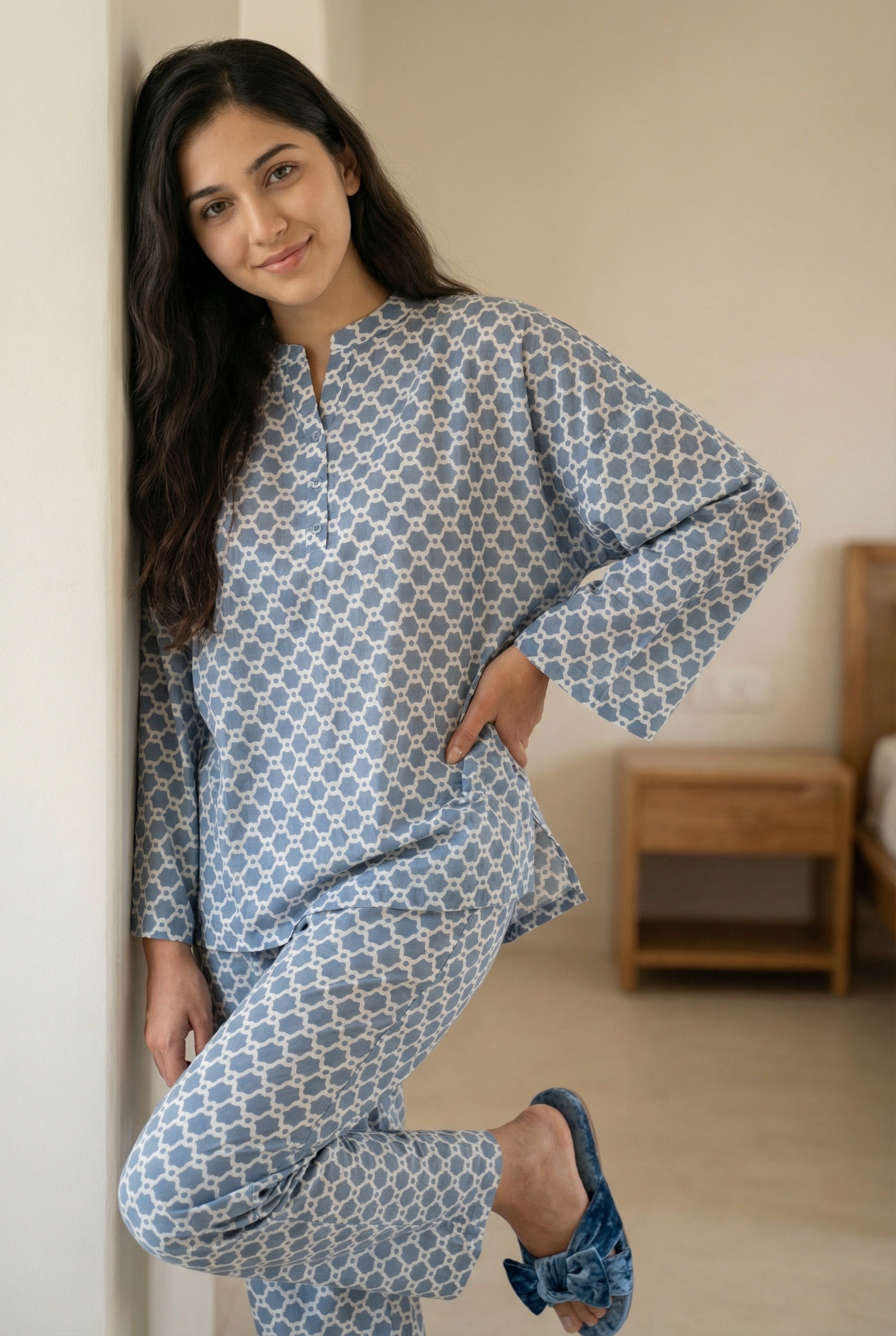 Grey Geometric Print Mandarin Collar Pure Cotton Night Suit For Women