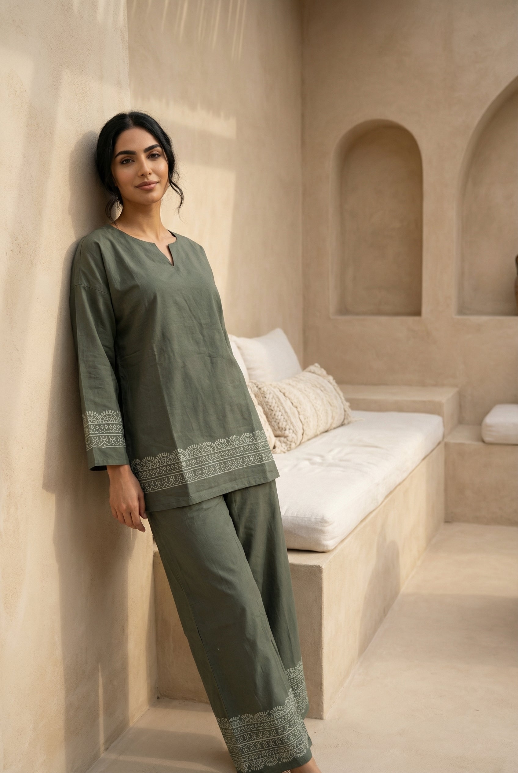 Green Ethnic Print V-Neck Pure Cotton Night Suit Set for Women