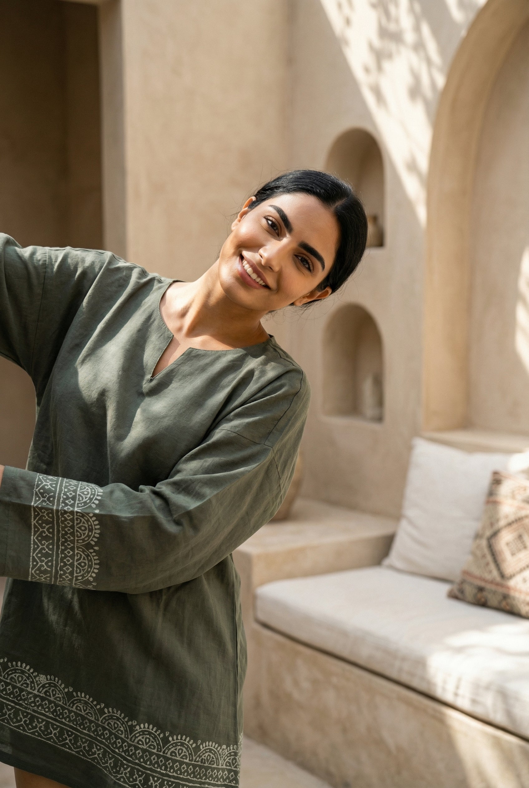 Green Ethnic Print V-Neck Pure Cotton Night Suit Set for Women