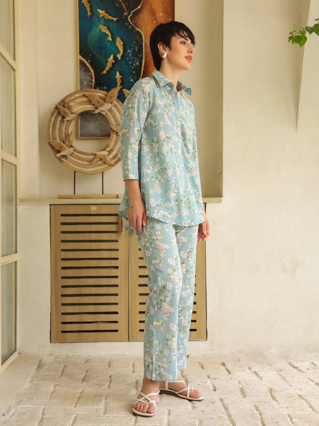 Blue Shirt Collar Pure Cotton Printed Floral Night Suit for Women