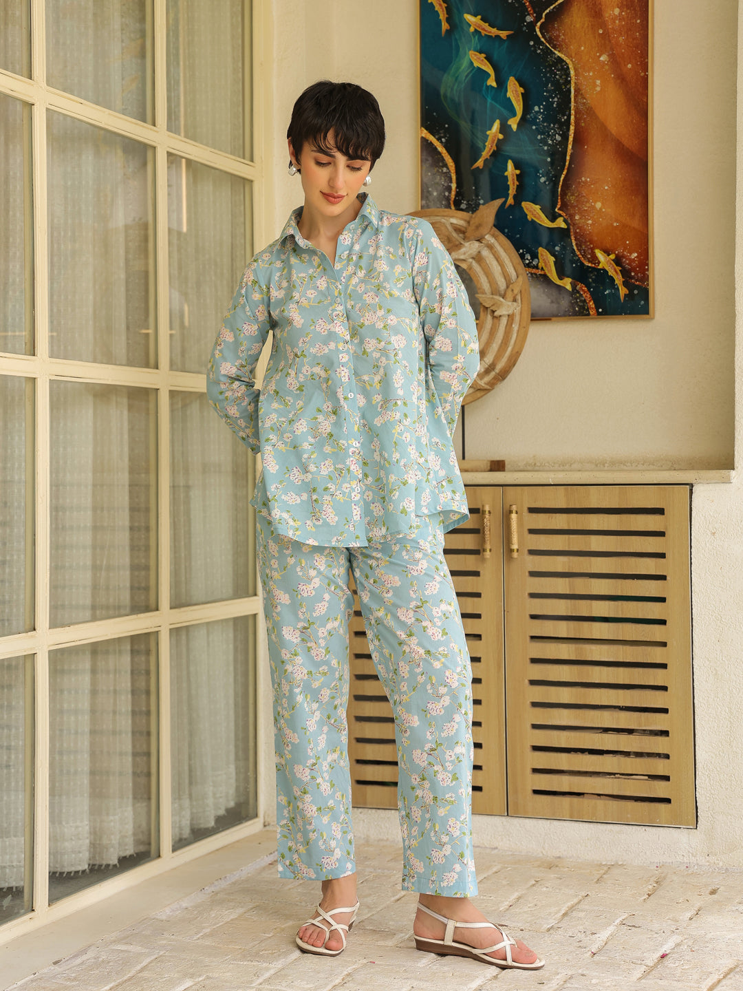 Blue Shirt Collar Pure Cotton Printed Floral Night Suit for Women