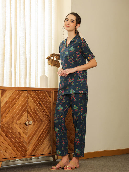 Blue V-Neck Pure Cotton Printed Floral Night Suit for Women