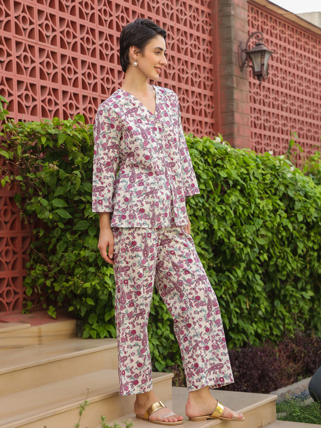 Multi Round Neck Pure Cotton Printed Floral Night Suit for Women