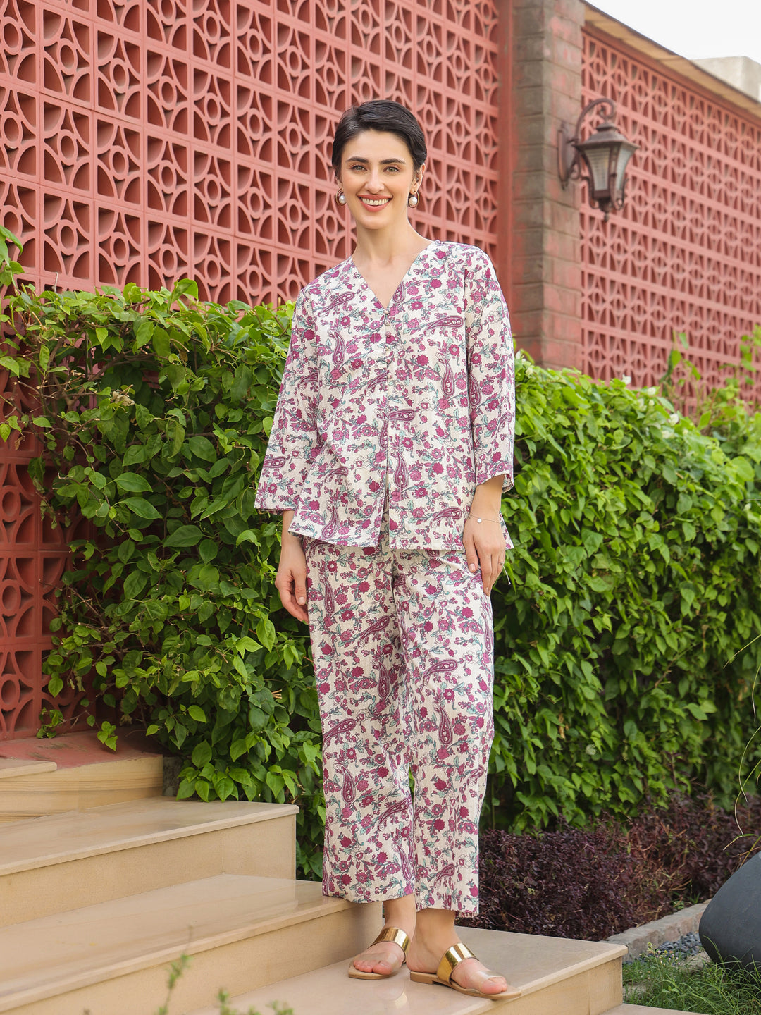 Multi Round Neck Pure Cotton Printed Floral Night Suit for Women