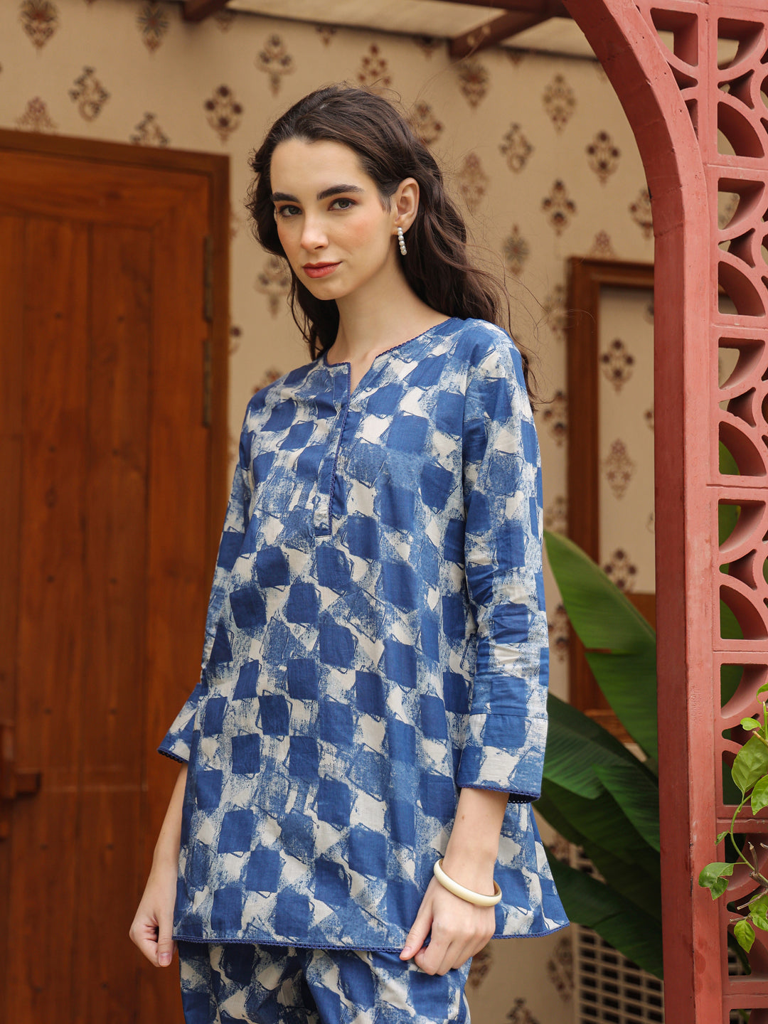 Blue V-Neck Pure Cotton Printed Geometric Night Suit for Women