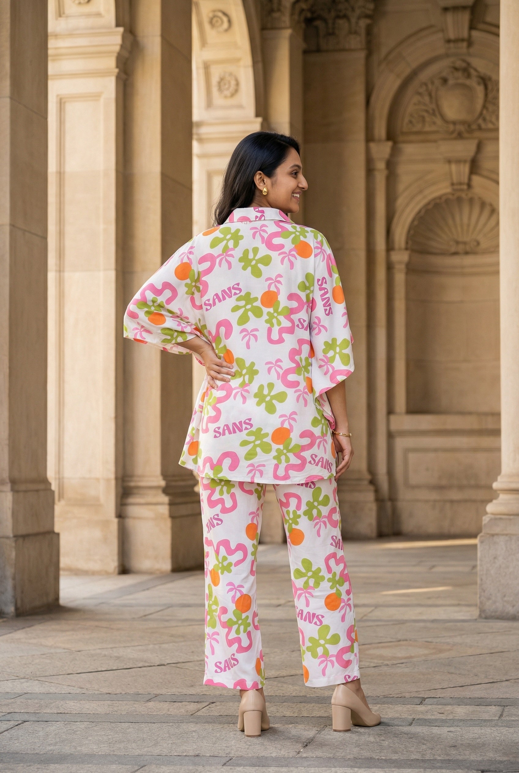 Off White Abstract Print Shirt Collar Pure Cotton Night Suit For Women