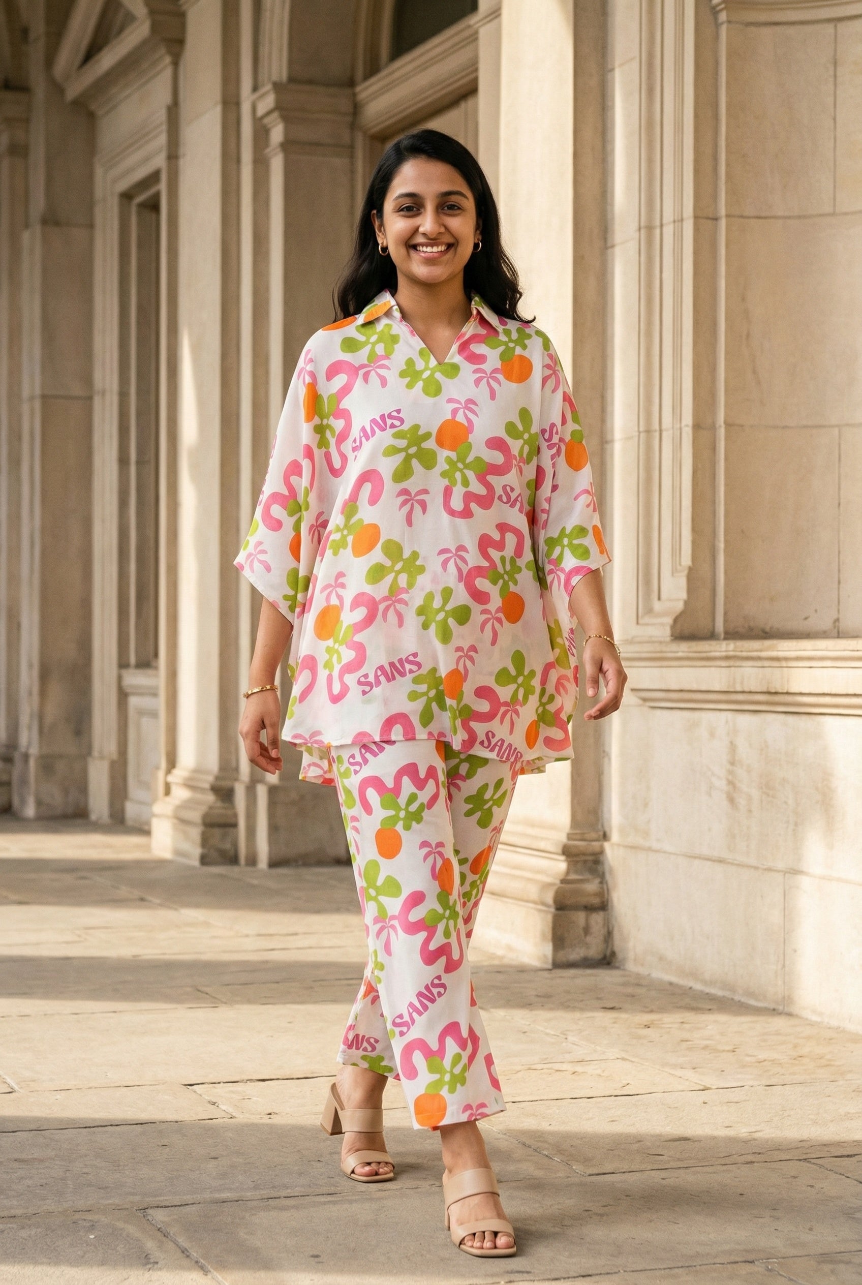 Off White Abstract Print Shirt Collar Pure Cotton Night Suit For Women