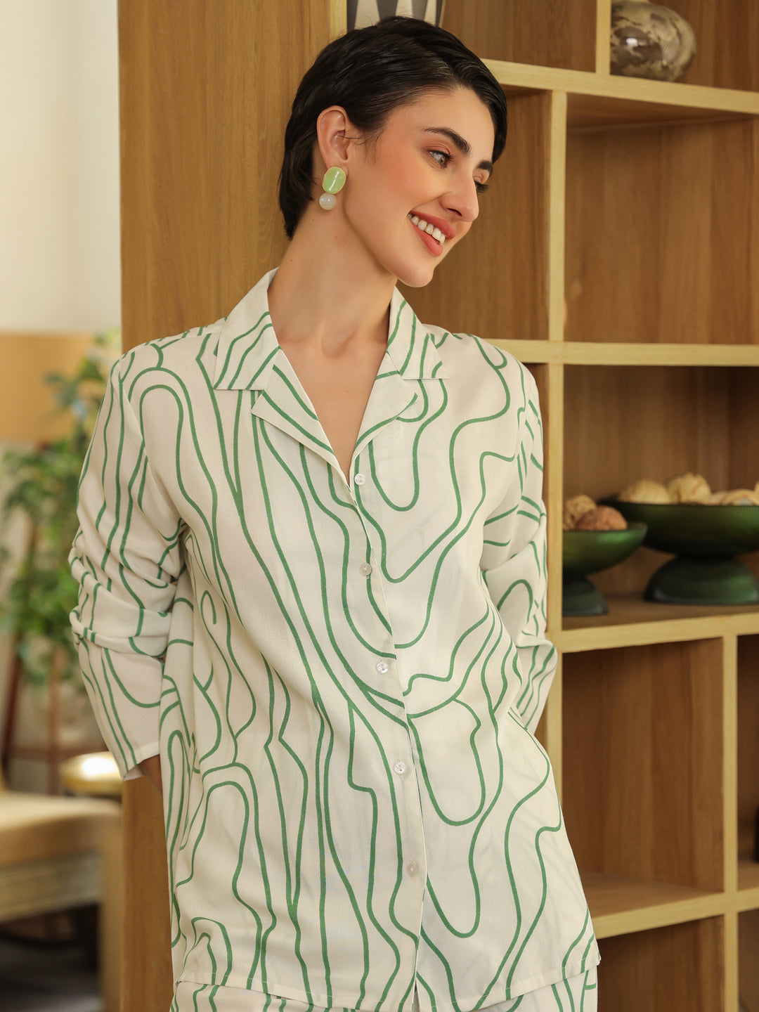 White Shirt Collar Viscose Rayon Printed Abstract Night Suit for Women