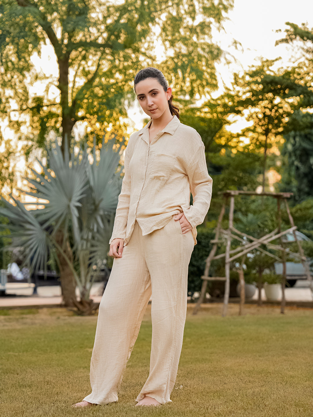 Beige Lapel Collar Pure Cotton Solid Night Suit for Women