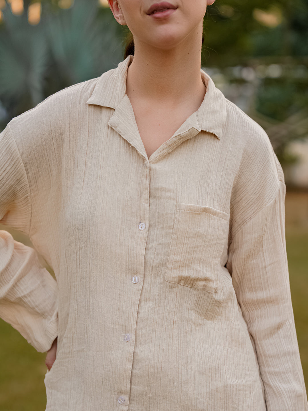 Beige Lapel Collar Pure Cotton Solid Night Suit for Women