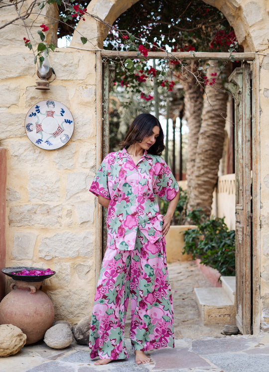 Pink Lapel Collar Floral Printed Pure Cotton Night Suit