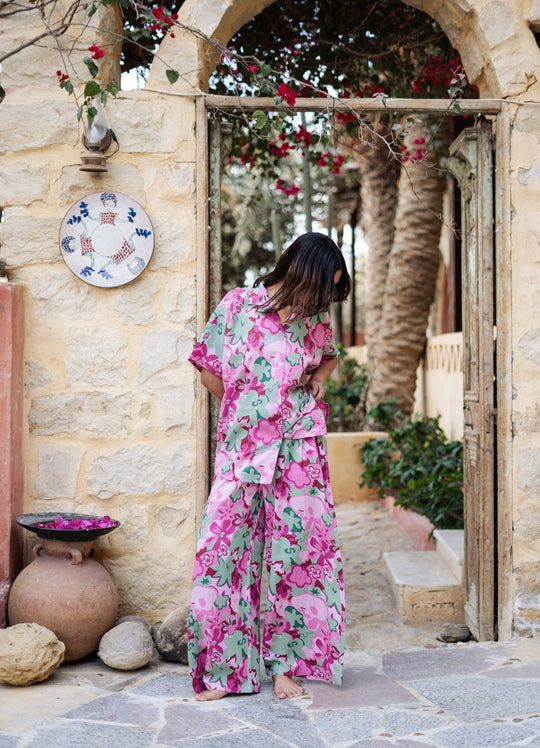 Pink Lapel Collar Floral Printed Pure Cotton Night Suit