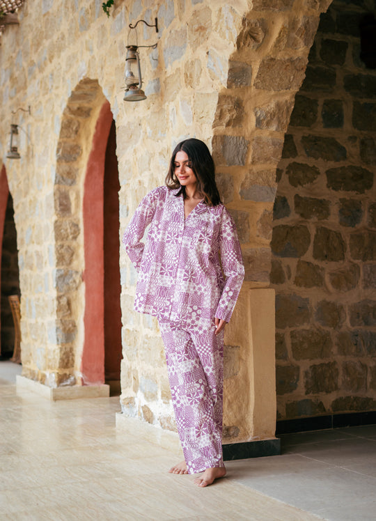 Purple Lapel Collar Abstract Printed Pure Cotton Night Suit