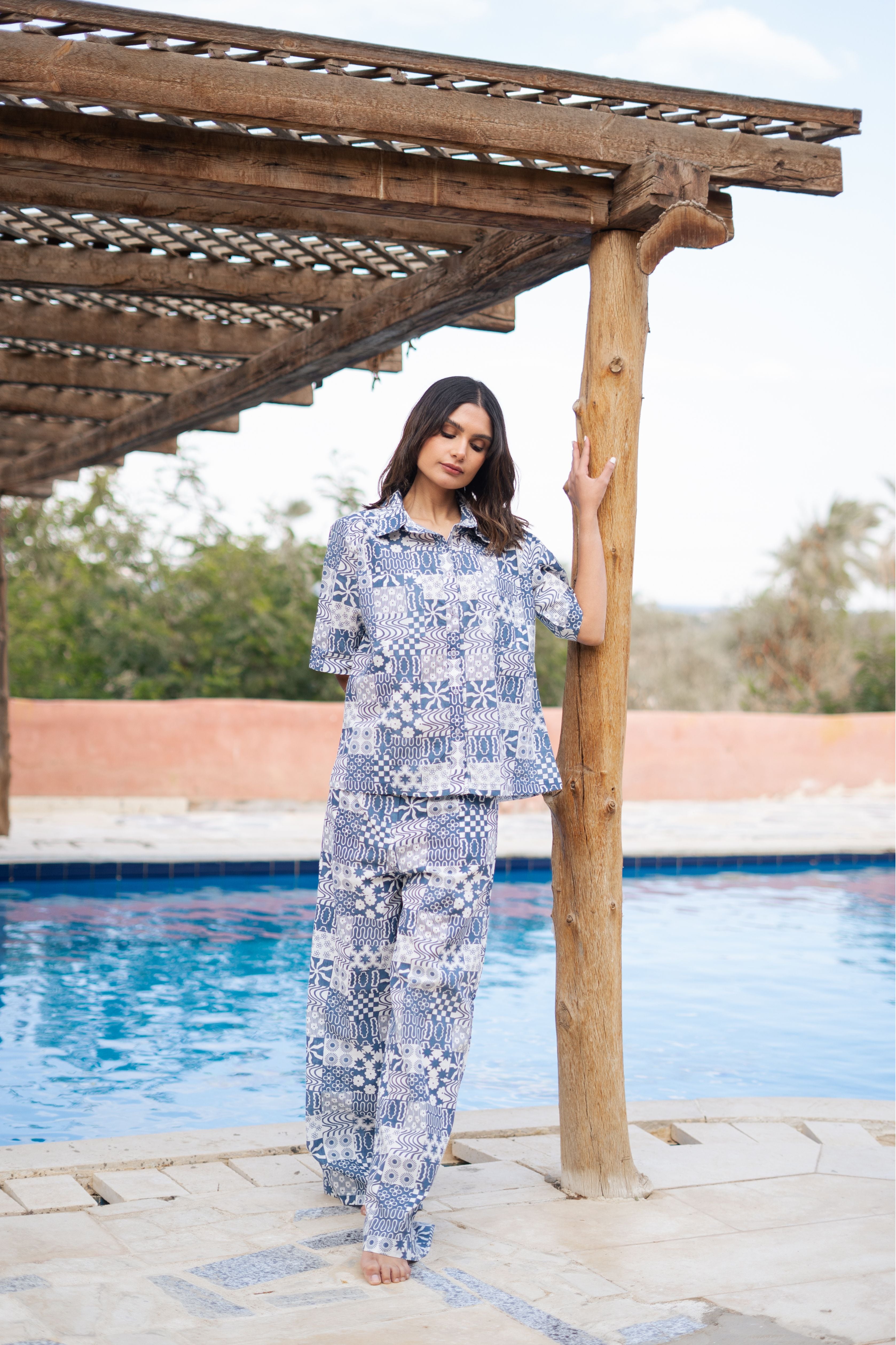 White Shirt Collar Geometric Printed Pure Cotton Night Suit