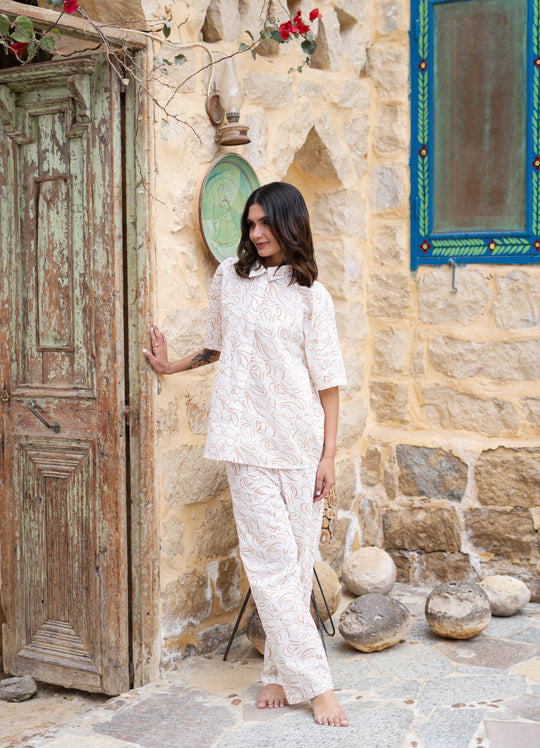 White Shirt Collar Floral Printed Pure Cotton Night Suit