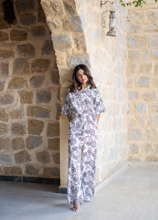 White V-Neck Tropical Printed Pure Cotton Night Suit