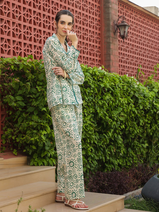 White Shirt Collar Pure Cotton Printed Geometric Night Suit for Women