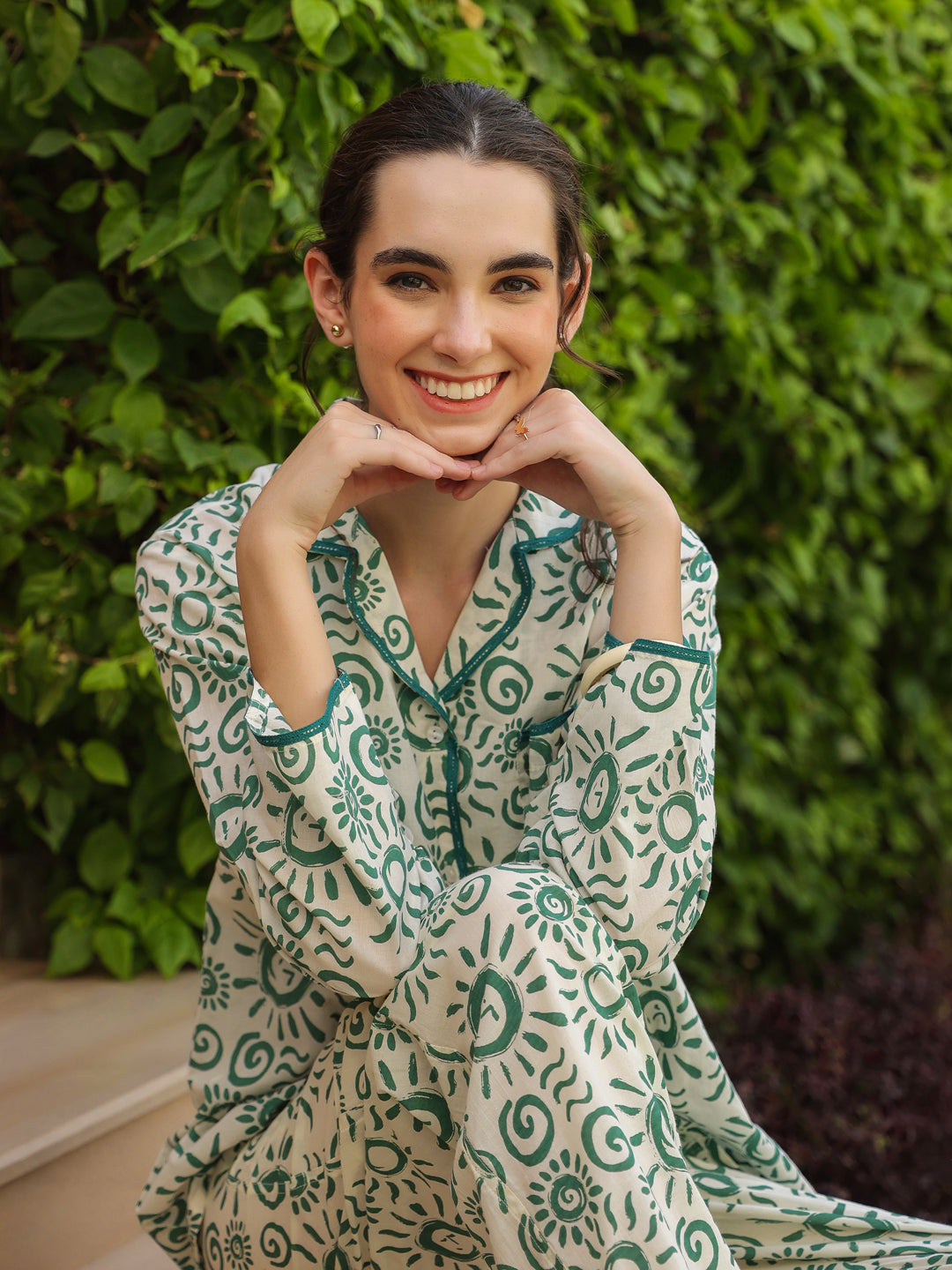 White Shirt Collar Pure Cotton Printed Geometric Night Suit for Women