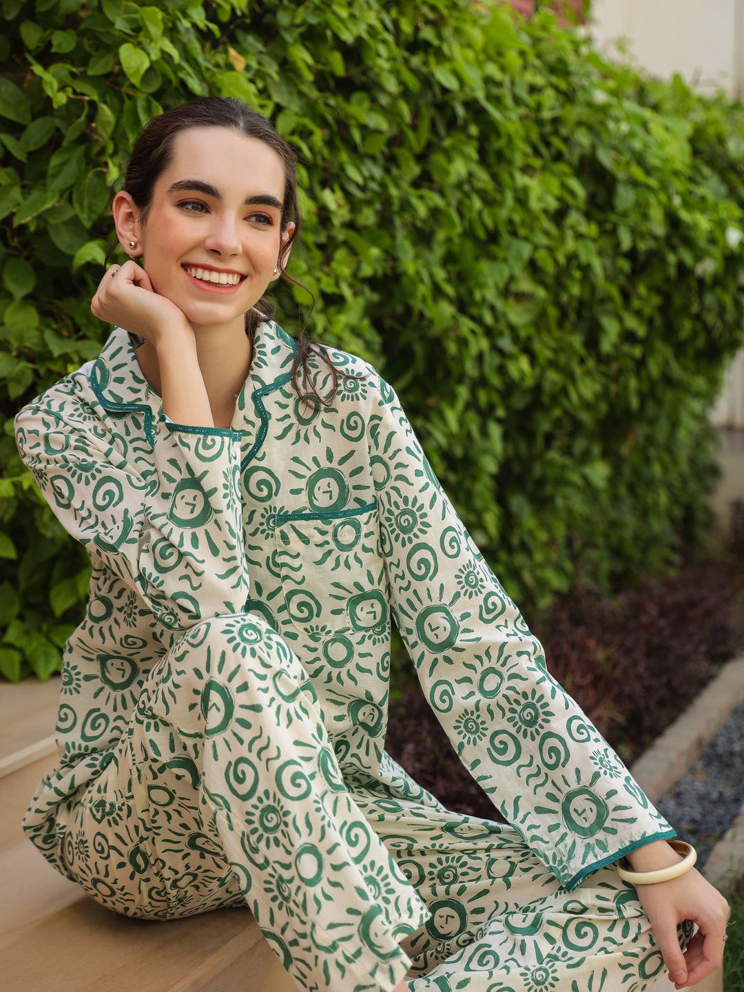 White Shirt Collar Pure Cotton Printed Geometric Night Suit for Women