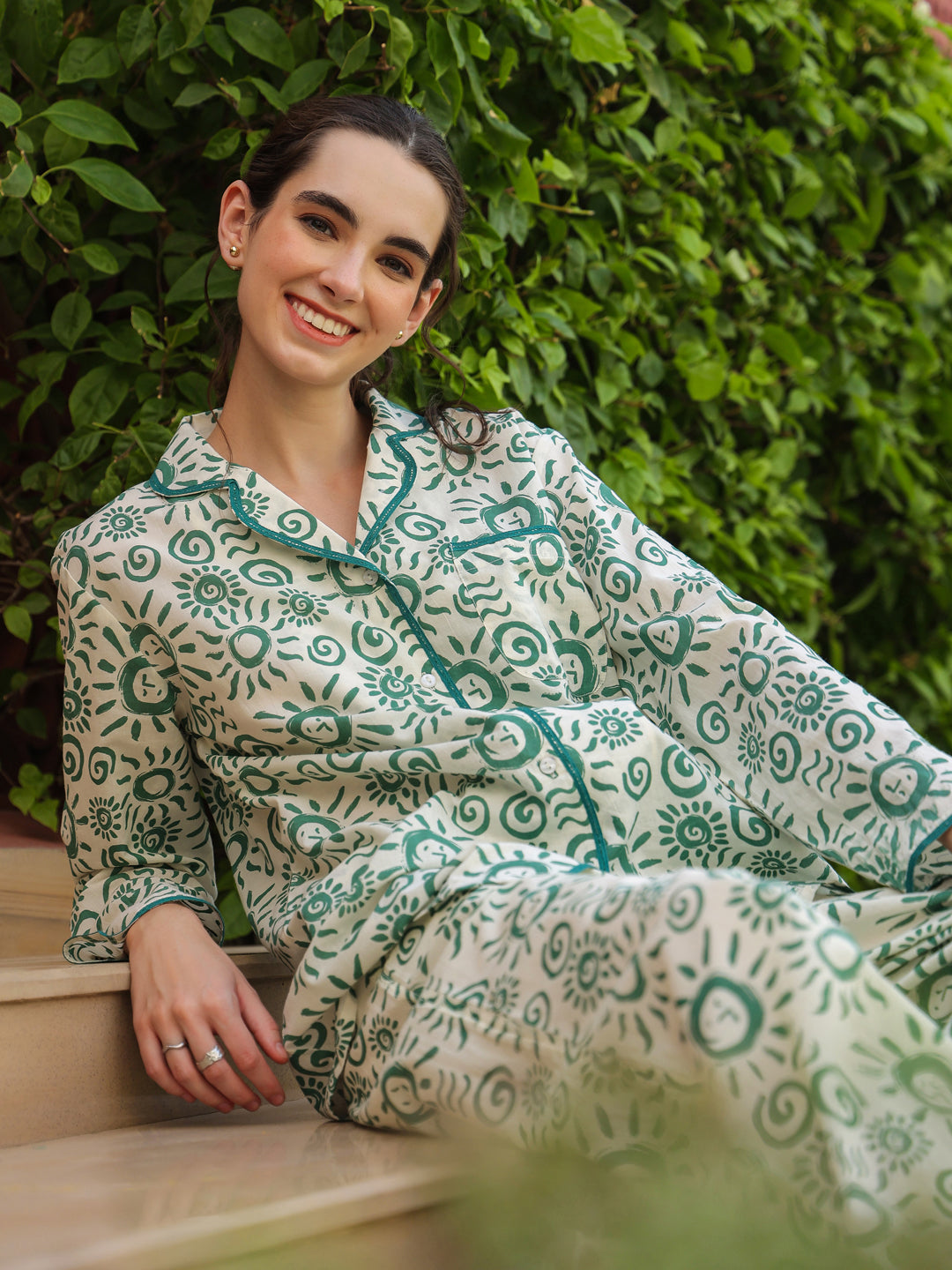 White Shirt Collar Pure Cotton Printed Geometric Night Suit for Women